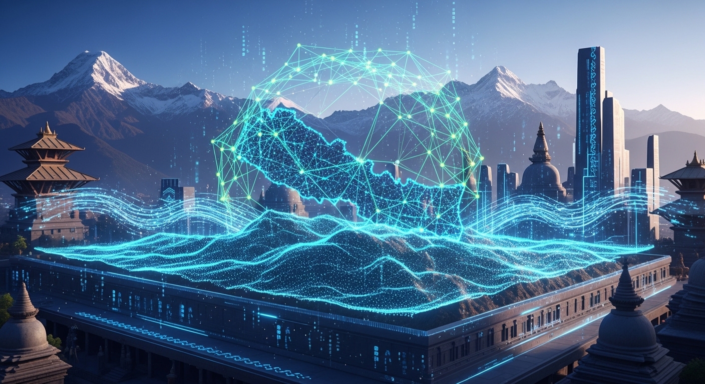 A futuristic and secure digital landscape in Nepal, featuring abstract representations of zero-knowledge proofs (e.g., glowing, interconnected data points forming a protective shield) overlaying subtle Nepalese architectural elements or mountain ranges. Emphasize data privacy and security with a blend of technology and cultural aesthetics, digital data flowing securely, vibrant colors, secure, futuristic, digital privacy.
