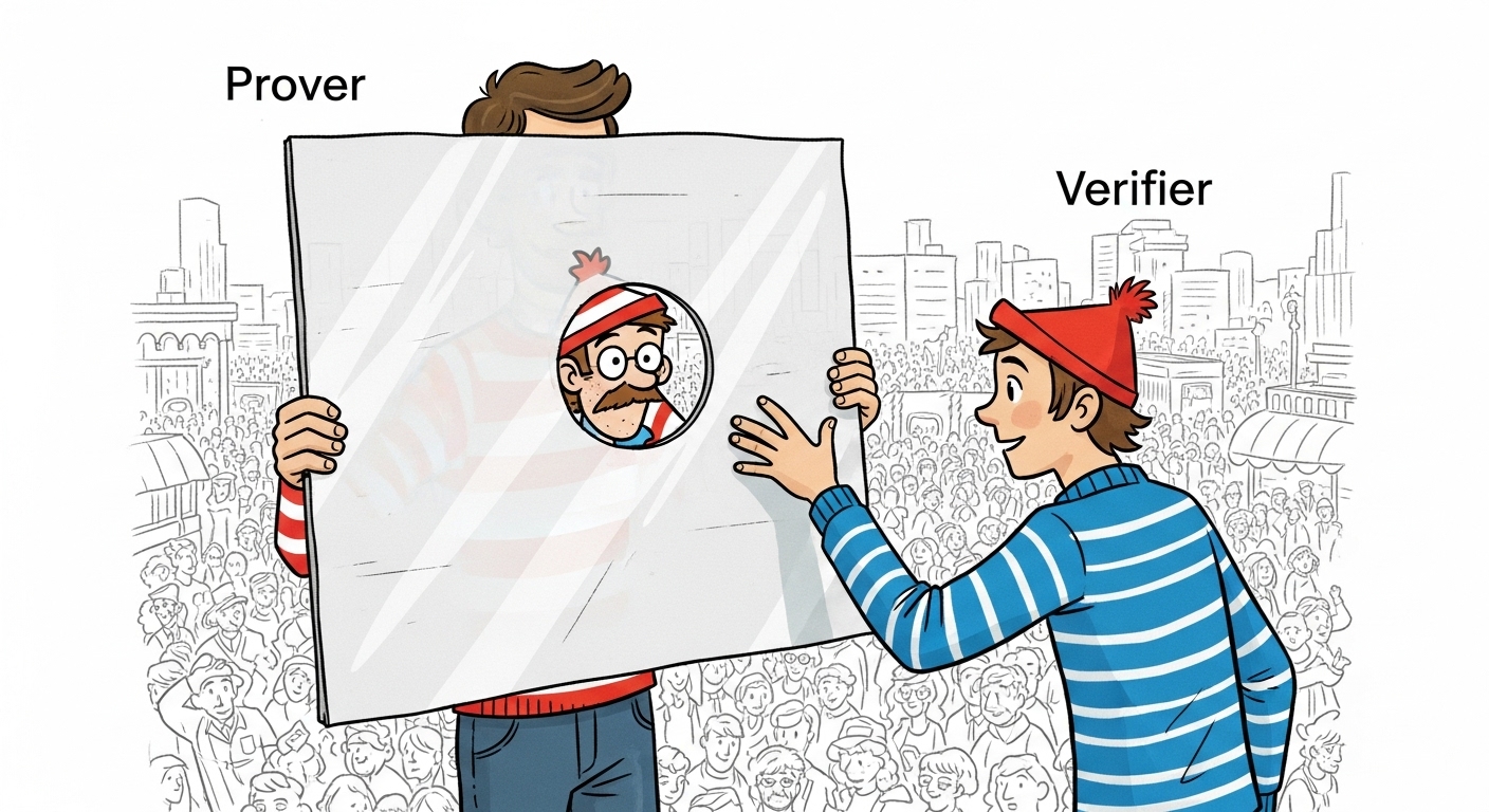 An illustration of the 'Where's Waldo?' puzzle used as an analogy for Zero-Knowledge Proofs. A 'prover' character is holding a large piece of opaque cardboard with a small, circular cutout over a complex, crowded scene, similar to a 'Where's Waldo?' page. A 'verifier' character is peering through the hole, clearly seeing Waldo's face. The rest of the scene under the cardboard is completely hidden from the verifier's view, symbolizing proof of knowledge without revealing the secret information. The characters should look curious and engaged. The art style should be clear and illustrative, possibly with a slight playful tone.
