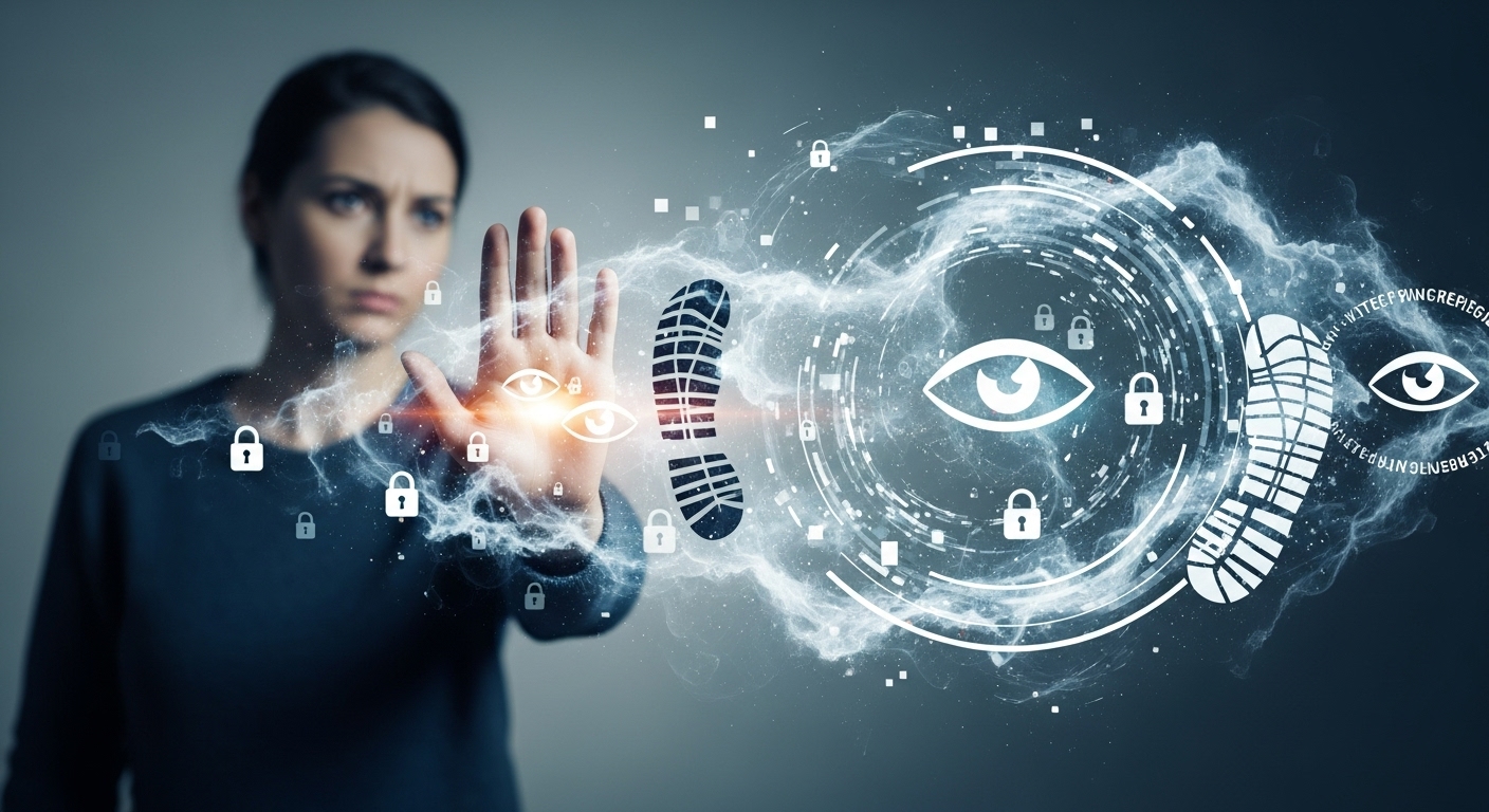 A conceptual image depicting a person (representing a consumer) shielding themselves with an outstretched hand or a symbolic barrier from a swirling, abstract cloud of digital data. The person's expression is wary or skeptical. Elements like blurred digital footprints, subtle lock icons, or eyes could be subtly integrated into the background or the data cloud to signify surveillance and the 'creepy factor'. The overall tone should convey consumer distrust and the demand for privacy in the digital age, using cool or slightly muted colors.
