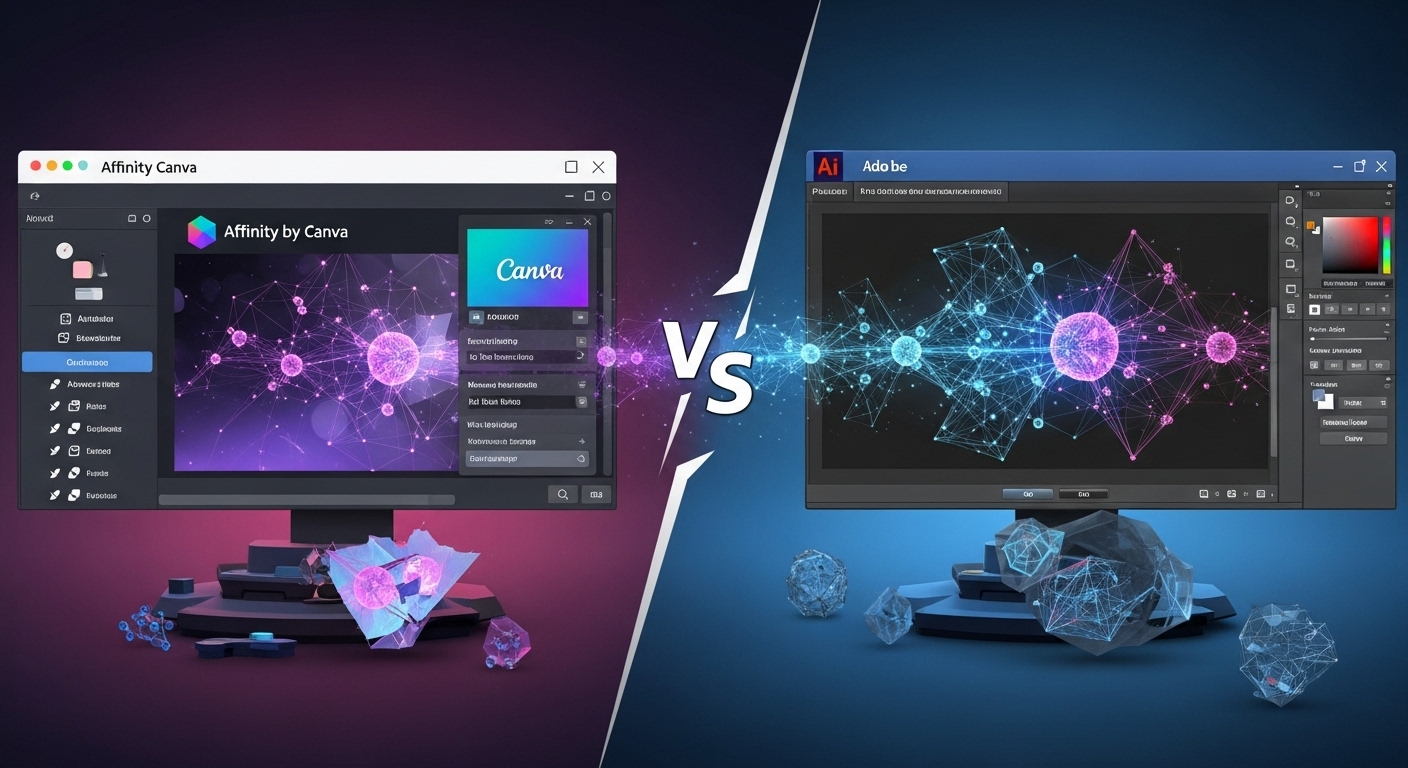 Affinity Photo vs. Photoshop 2026: Deep Dive Comparison 1 A futuristic digital battle scene between two distinct software interfaces: one representing 'Affinity by Canva' with modern, clean lines and Canva's brand colors, and the other 'Adobe Photoshop' with its iconic blue theme. Show AI elements like glowing neural networks or generative art emerging from both, symbolizing their features. The image should convey a high-stakes, in-depth comparison of creative tools in 2026. High detail, vibrant colors, digital art style.