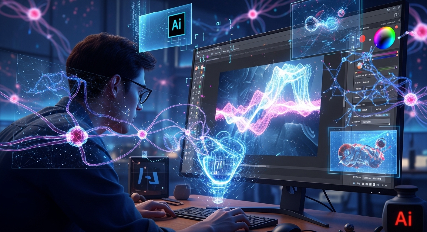 Affinity Photo vs. Photoshop 2026: Deep Dive Comparison 2 A vibrant, high-tech digital art studio scene. In the foreground, a graphic designer is intensely focused on a large monitor displaying an Adobe Photoshop-like interface with dynamic, glowing generative AI elements transforming an image. Neural network patterns, data streams, and holographic projections of creative possibilities emanate from the screen. Show subtle hints of Adobe's brand colors (blues/purples). The overall atmosphere is one of advanced creativity, seamless AI integration, and innovation. Digital art, ultra-detailed, futuristic.