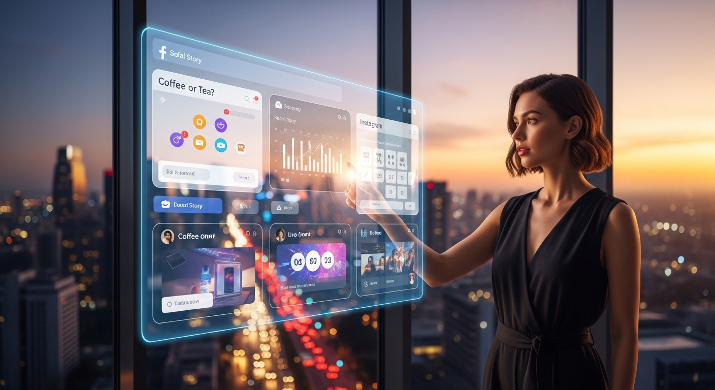 A futuristic social media manager interacting with a holographic interface, scheduling Facebook and Instagram Stories with interactive elements, overlooking a busy city at sunset. Focus on technology, efficiency, and vibrant Story visuals.