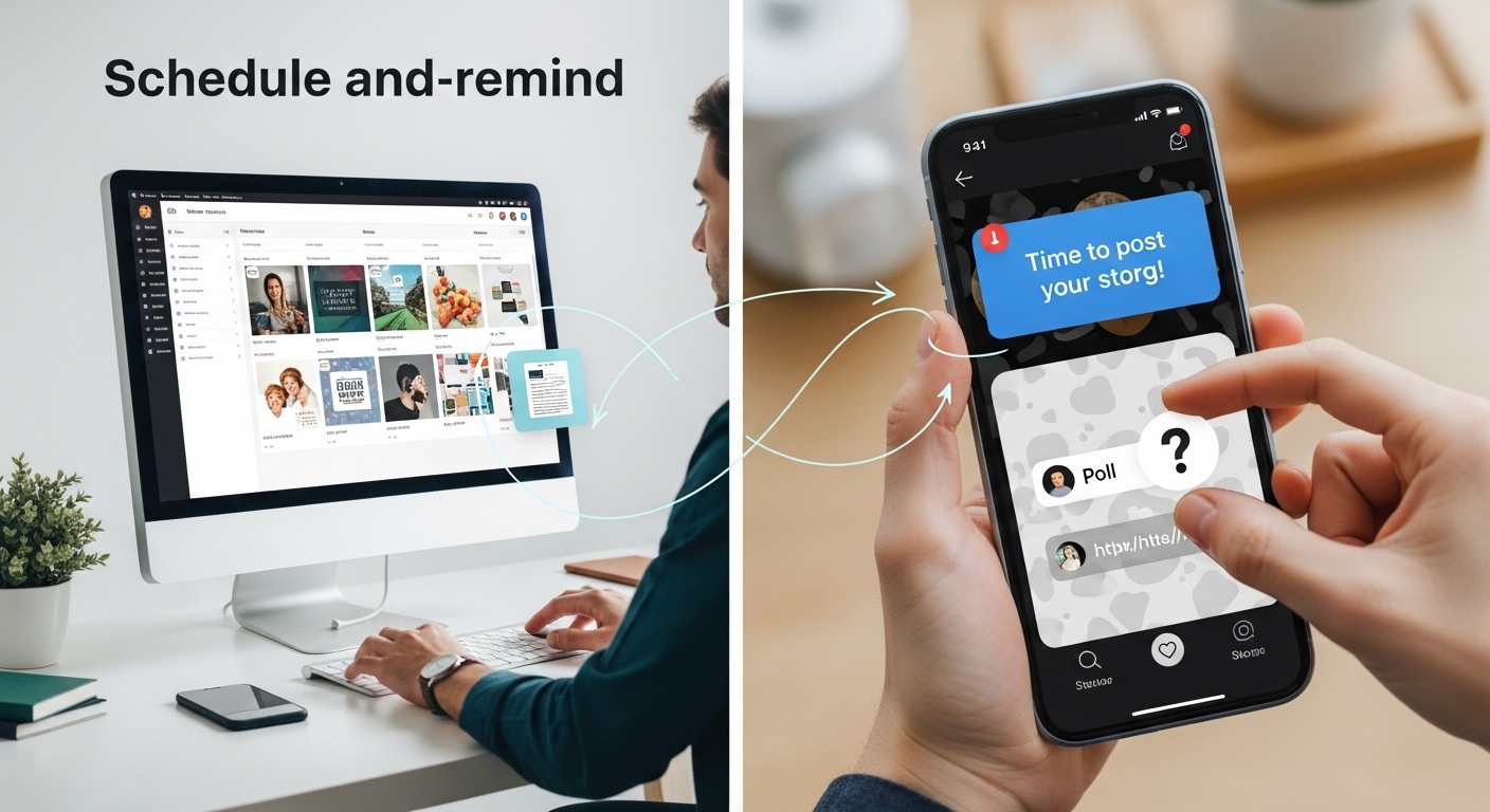 Automate Facebook & Instagram Stories: Scheduling Guide 2025 2 A split image or collage illustrating the 'schedule-and-remind' workflow for social media stories. On one side, a social media manager is planning and scheduling content on a desktop computer. On the other side, a mobile phone displays a push notification, and a hand is manually adding interactive stickers (like polls or link stickers) within a a vibrant social media app. Convey a sense of the hybrid, multi-step process, with digital elements showing the flow between desktop planning and mobile manual publishing. Use clean, modern aesthetics.