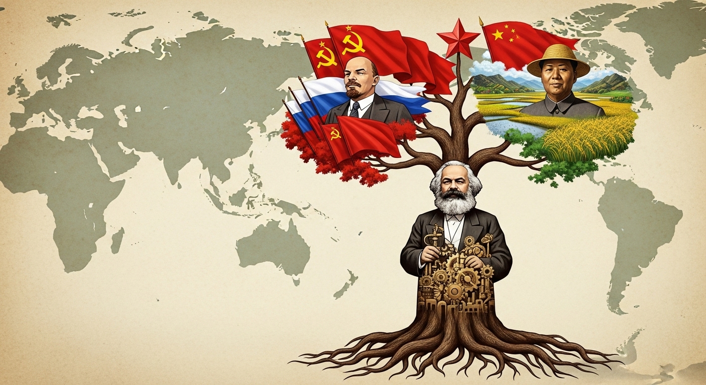Marxism, Leninism, Maoism: Communist Ideologies Compared 1 A conceptual image depicting a genealogical tree of communist ideologies. Karl Marx forms the roots/trunk, with distinct branches representing Vladimir Lenin and Mao Zedong. Subtle symbols of their respective eras (e.g., factory gears for Marx, a revolutionary banner for Lenin, agrarian landscape for Mao) integrated into the branches. The background is a muted, historical-looking map, suggesting global reach and intellectual evolution. Illustrative, serious, and thought-provoking.