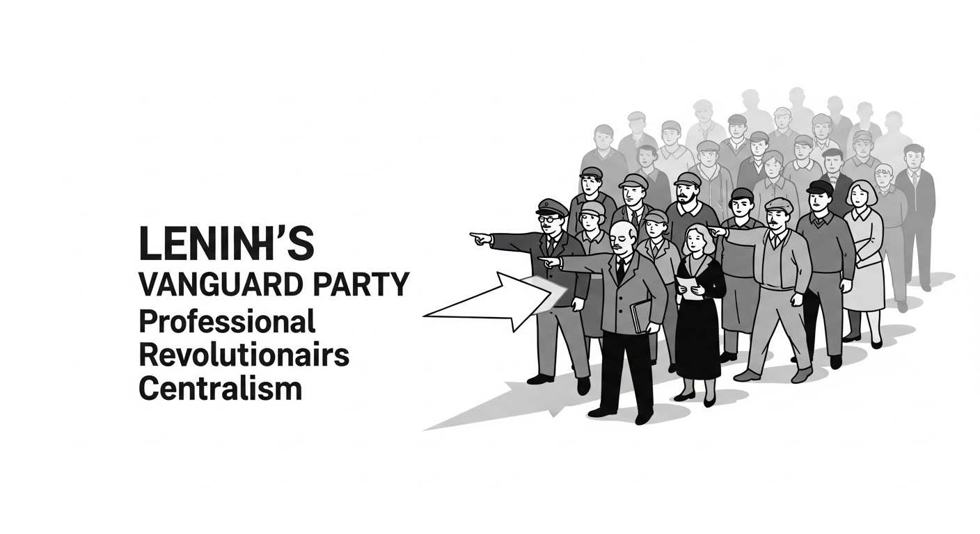 Marxism, Leninism, Maoism: Communist Ideologies Compared 2 A conceptual image illustrating Lenin's Vanguard Party and Democratic Centralism. Depict a small, highly disciplined and focused group of 'professional revolutionaries' at the forefront, symbolized as a sharp, guiding arrow or beacon. Behind them, a larger, more diffuse crowd represents the working class, being directed or informed by the vanguard. The overall image should convey a sense of disciplined leadership and a structured, top-down flow of revolutionary theory and action. Include subtle visual cues for 'democratic centralism' like discussions converging into a unified, unwavering path.