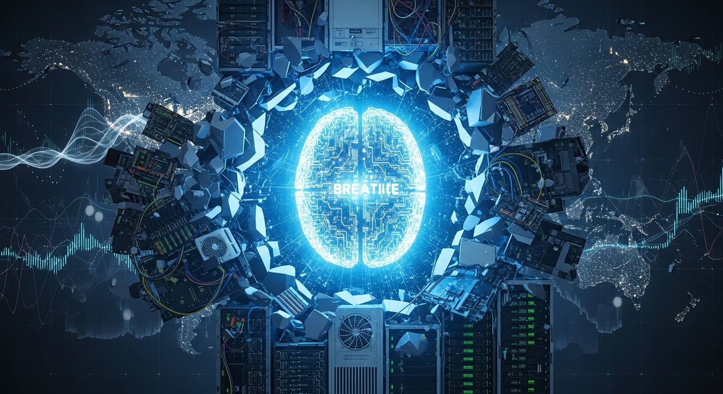 A stylized AI brain or a glowing circuit board visually breaking through a wall of traditional, larger, more complex computing systems, symbolizing DeepSeek AI's efficient disruption. The background features subtle global map elements and abstract financial data visualizations. Dynamic, high-tech, digital art.
