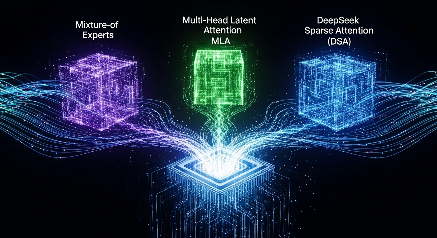 An abstract, futuristic visualization representing DeepSeek AI's 'Optimization Triad'. Show three distinct, glowing digital structures, symbolizing Mixture-of-Experts (MoE), Multi-Head Latent Attention (MLA), and DeepSeek Sparse Attention (DSA). These structures should seamlessly converge into a central, highly efficient processing core or neural network, emphasizing interconnectedness, low memory footprint, and rapid computation. Use a vibrant color palette of blues, purples, and greens, with dynamic light trails and intricate circuit patterns to convey advanced technology and algorithmic efficiency. Digital art, high-tech, conceptual.