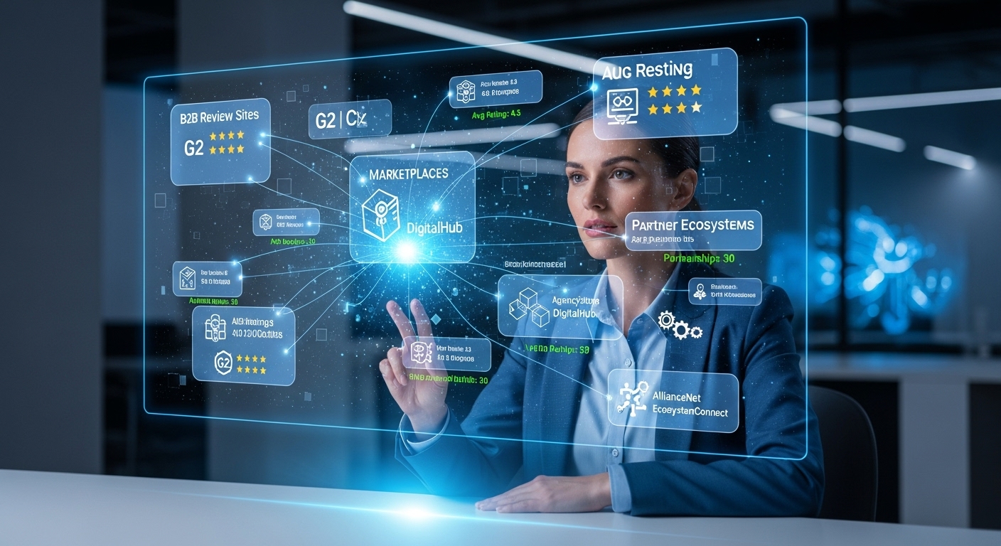 Find Digital Marketing Agencies Online: Guide to Directories 1 A person, perhaps a procurement manager, looking at a futuristic, glowing digital interface displaying various interconnected platforms and directories for digital marketing agencies. The interface shows icons for B2B review sites, marketplaces, and partner ecosystems, symbolizing navigation and selection. Professional, clean, and modern design with a focus on data and connectivity.