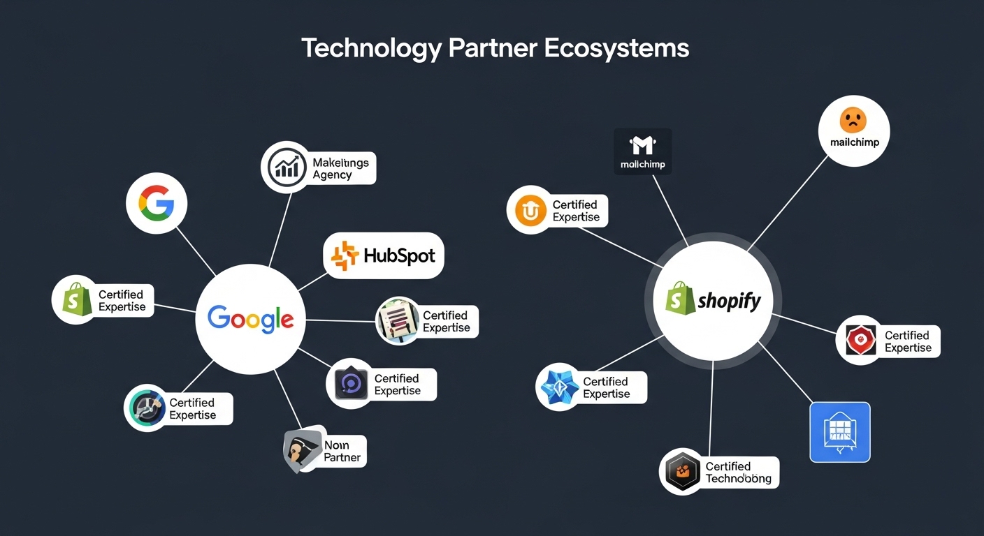Find Digital Marketing Agencies Online: Guide to Directories 2 A visually compelling infographic or diagram illustrating the concept of 'Technology Partner Ecosystems.' Show various well-known technology brand logos (e.g., Google, HubSpot, Shopify, Mailchimp) as central hubs, with connecting lines extending to smaller icons or badges representing digital marketing agencies. The connections should symbolize 'certified expertise' or 'partner status' on that specific technology platform. Use a clean, modern, and interconnected design to convey the idea of aligning an agency's specialized skills with a company's technology stack. Professional, digital art style, focus on clarity and interconnectedness.