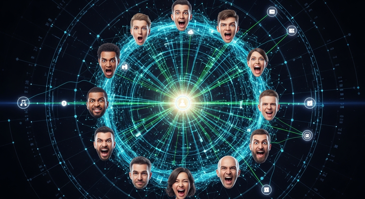 A conceptual image showing diverse human faces expressing emotions like awe, humor, excitement, and anger, with digital network lines connecting them, symbolizing the psychological triggers for sharing content online. The overall mood should be dynamic and thought-provoking, representing the 'emotional engine' and 'ego engine' behind virality, high-tech, vibrant.