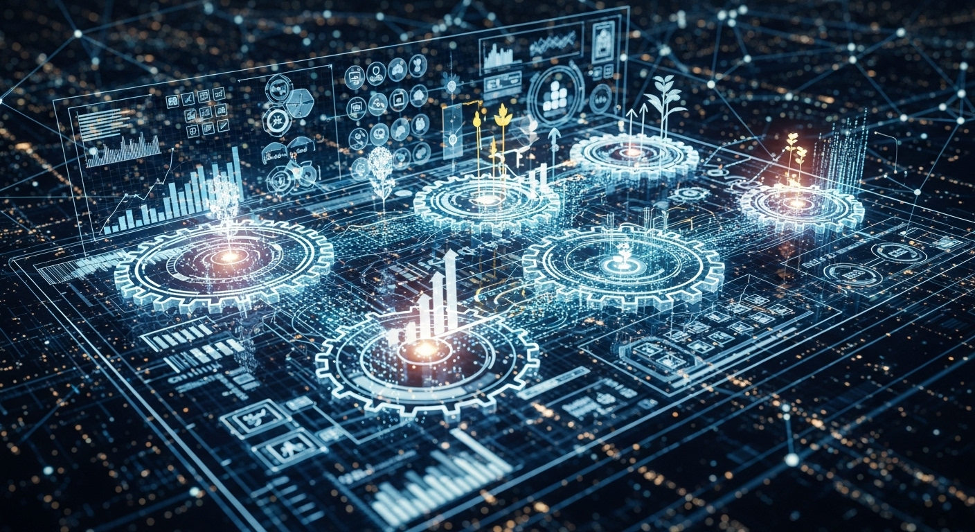 Conceptual image showing an intricate digital marketing strategy framework with interconnected gears and data streams, a blueprint overlay, and elements representing growth and success, set against a futuristic digital landscape.