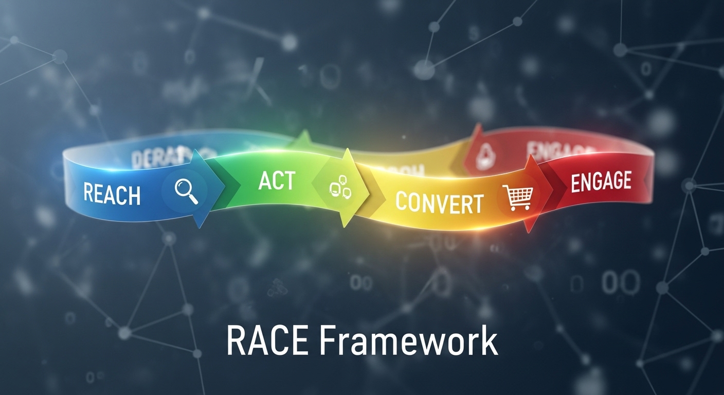 A clear and modern visual representation of the RACE Framework (Reach, Act, Convert, Engage), depicted as a continuous cycle or loop with each stage distinctly labeled and flowing into the next, using abstract digital elements and clean typography against a subtle tech-inspired background, emphasizing the cyclical nature of customer behavior in digital marketing.