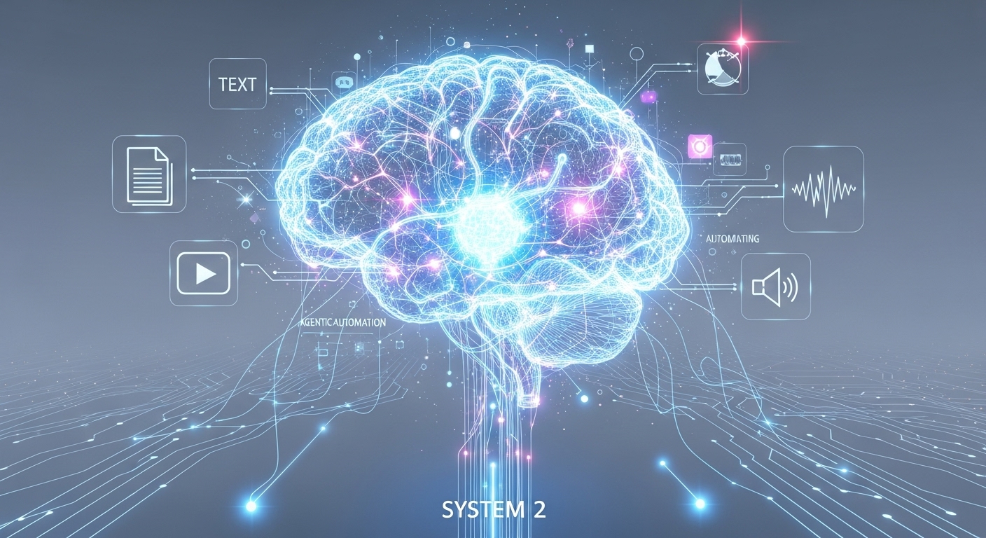 A vibrant, futuristic illustration depicting the Gemini 3 AI. Show glowing neural pathways representing 'System 2' thinking, with various data inputs (icons for text, video, audio) flowing into a complex, evolving brain-like structure. Incorporate elements of agentic automation and advanced technology, with a clean, high-tech background.