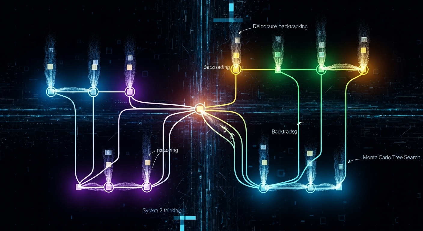 An abstract, futuristic illustration representing 'System 2' AI thinking. Show a complex, glowing neural network forming a decision tree with multiple branching pathways, some illuminated and active, others fading or pruned, symbolizing Monte Carlo Tree Search. Incorporate elements of data flow and deliberate processing, with a focus on problem-solving and backtracking, set against a dark, high-tech background.