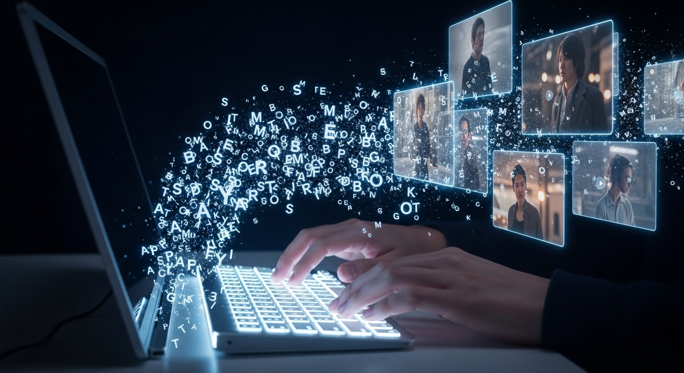 An abstract representation of AI transforming text into a dynamic video narrative. A person's hands are typing on a glowing holographic keyboard, and words are flowing from the screen, then rapidly transforming into a cinematic video sequence playing on multiple floating screens, showing characters and scenes evolving with narrative coherence. The style is futuristic, digital, and vibrant, emphasizing storytelling through AI.