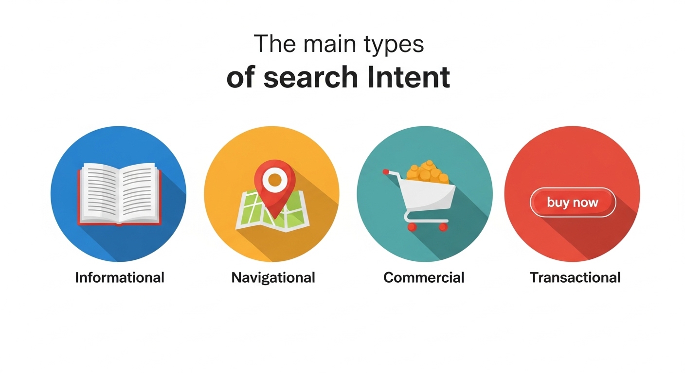 Keyword Research: The Definitive SEO Strategy Guide 2 A conceptual illustration depicting the four main types of search intent: Informational, Navigational, Commercial, and Transactional. Each intent should be represented by a distinct visual element or icon: Informational with a question mark or open book, Navigational with a compass or map pin, Commercial with a shopping cart or comparison chart, and Transactional with a 'buy now' button or cash symbol. The design should be modern, clear, and visually explain the user's mindset at each stage of their search journey.