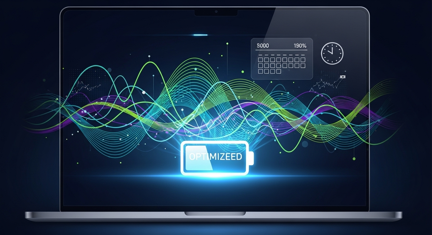 A stylized illustration of a laptop with a glowing, optimized battery icon. Abstract lines and graphs emanate from the battery, representing data and efficiency. A subtle overlay of a calendar or clock suggests longevity and extended lifespan. The style is modern, clean, and tech-focused, emphasizing smart power management rather than just charging.