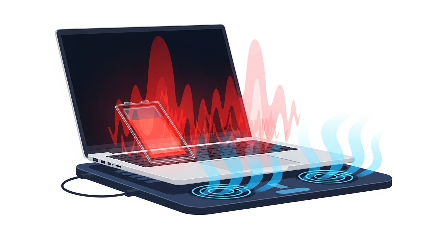 A stylized illustration depicting a laptop generating excessive heat, with visible heat waves or glowing red elements around the chassis, particularly near the battery area. Below the laptop, a cooling pad with blue air currents is actively working to dissipate the heat. The style should be modern, clean, and technically oriented, symbolizing the importance of thermal management for battery health.