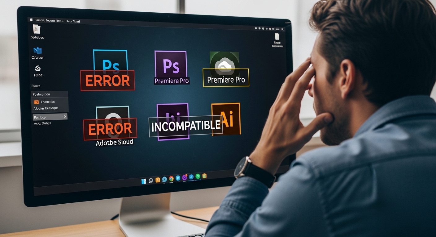 A frustrated digital marketer sits in front of a computer screen. On the monitor, various Adobe Creative Cloud application icons (Photoshop, Premiere Pro, Illustrator) are shown with prominent 'ERROR' or 'INCOMPATIBLE' overlay messages, indicating failure. The desktop environment subtly shows elements of Linux (e.g., a distinct window manager or icon set). The overall mood should be one of technical deadlock and professional frustration with software compatibility.