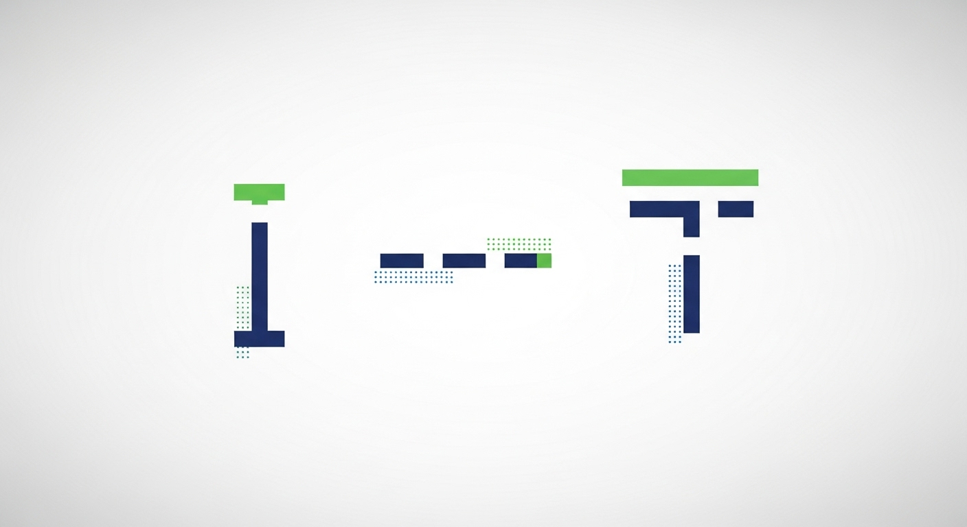 A minimalist abstract graphic illustrating three distinct professional skill shapes: an I-shape (a tall vertical line), a Dash-shape (a horizontal line), and a T-shape (a vertical line with a horizontal bar on top). Each shape should be clearly distinguishable, representing deep specialization, broad general knowledge, and combined depth and breadth respectively. Clean, modern design with subtle digital blue and green accents on a neutral background, professional and clear.