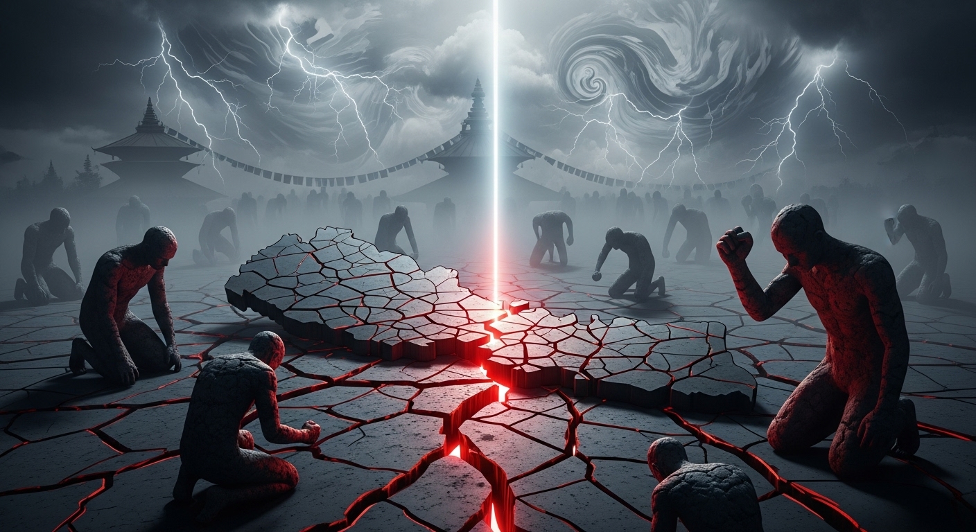 A powerful conceptual image illustrating the 'Age of Anger' and ressentiment in Nepal, with abstract elements of societal fragmentation, powerlessness, and global unrest, against a backdrop subtly hinting at Nepalese culture, dramatic lighting, thought-provoking.