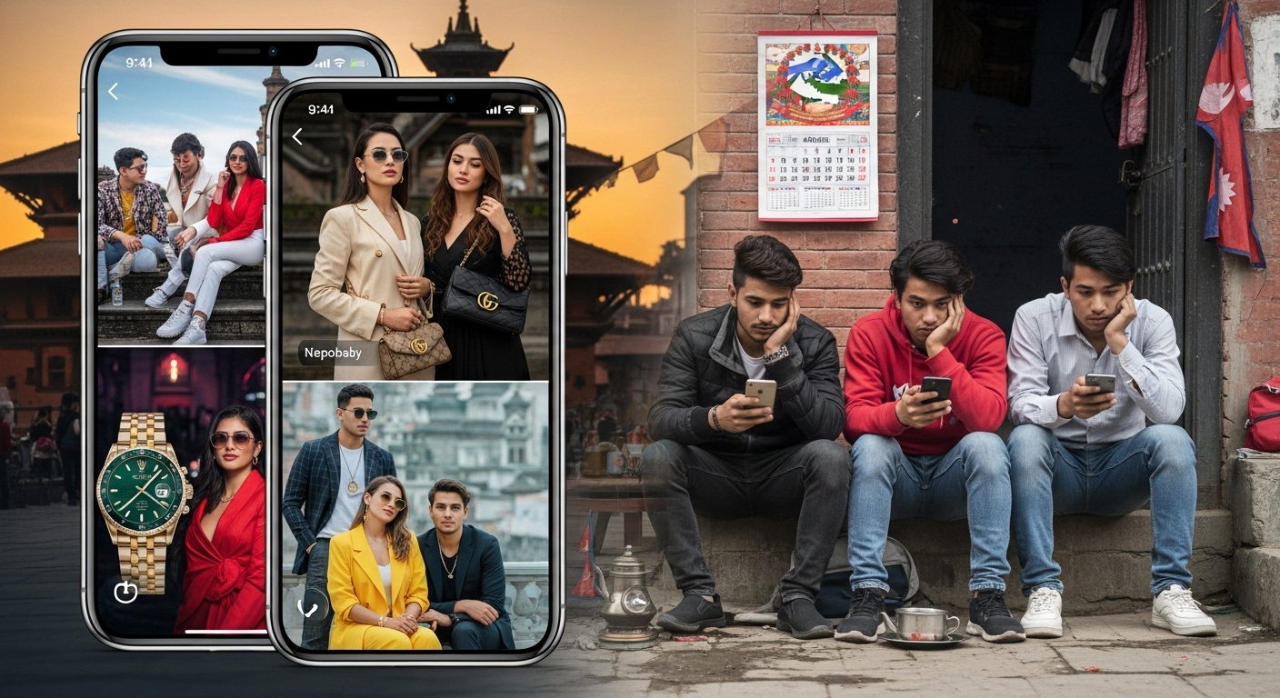 A conceptual image illustrating the 'Nepobaby' phenomenon in Nepal. Show a split screen or overlaid elements: one side depicting lavish, extravagant lifestyles (luxury brands, parties, wealth) being flaunted on a modern smartphone or social media interface, contrasting sharply with the other side showing the humble, frustrated, and digitally connected face of unemployed Nepalese youth in an urban or peri-urban setting. The image should convey themes of unearned privilege, resentment, humiliation, and the digital divide, with subtle nods to Nepalese cultural context where appropriate.