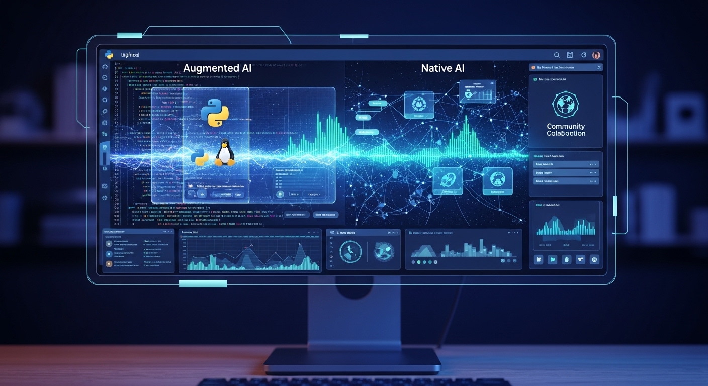 A futuristic desktop computer screen displaying a blend of open-source code and vibrant, intelligent AI interfaces. Abstract representations of 'augmented' and 'native' AI operating systems, with a subtle nod to Linux and community collaboration.