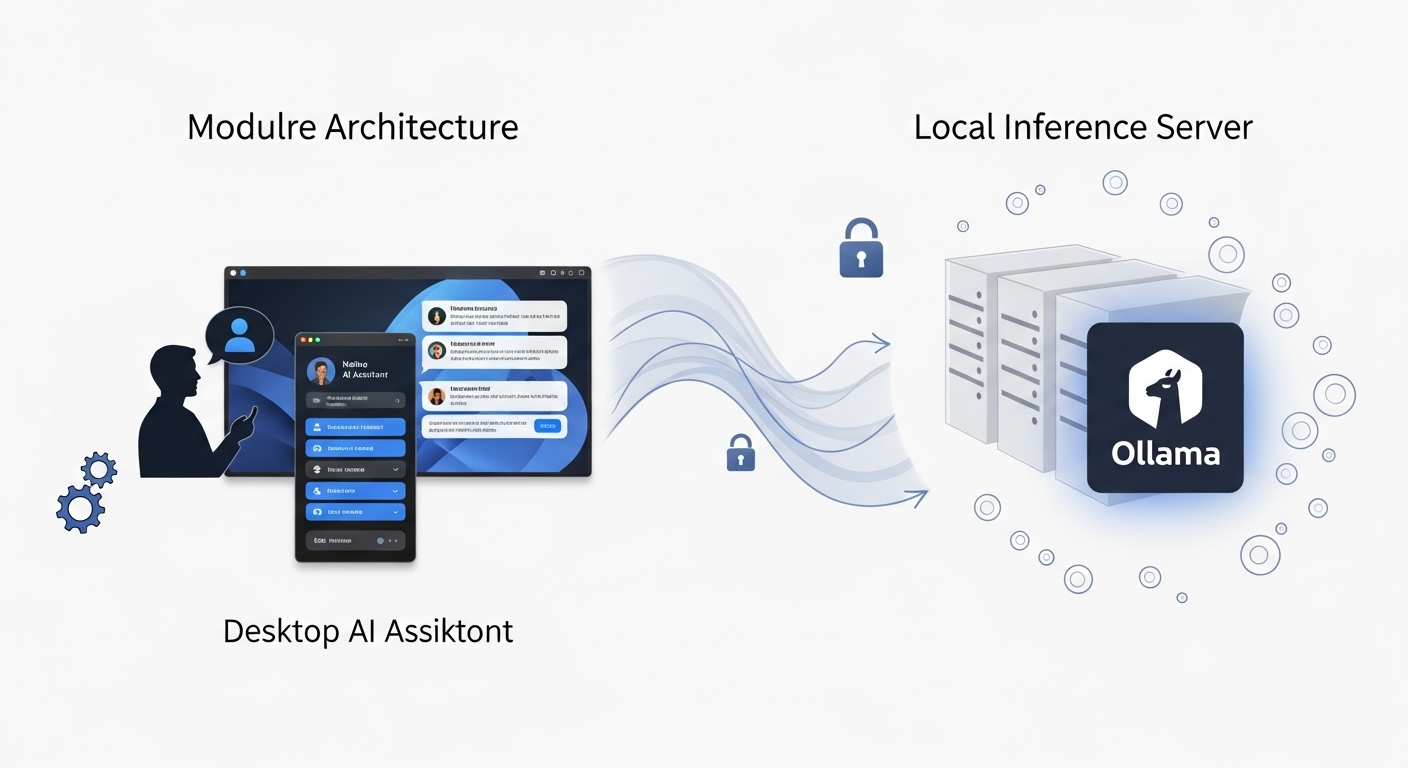 A conceptual diagram or illustration depicting the modular architecture of a Free and Open Source Software (FOSS) AI desktop. On one side, a user interacts with a sleek, native desktop AI assistant on a modern Linux desktop environment (e.g., GNOME or KDE Plasma). On the other side, or connected through abstract lines, a local, self-hosted inference server (represented by server icons or a glowing 'Ollama' logo) processes data and powers the assistant. Emphasize the separation of frontend and backend, local processing, and open-source collaboration, with subtle nods to privacy and user control.