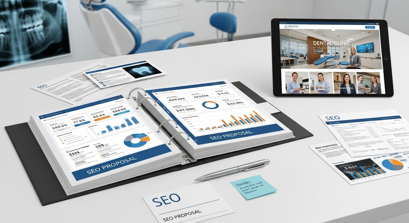 An open binder labeled 'SEO Proposal' on a clean desk, next to a tablet displaying a dental clinic website. Incorporate elements of data analysis, growth charts, and a subtle dental theme in the background.