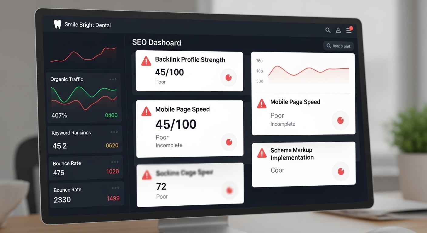 A conceptual image illustrating common SEO audit findings, such as a website's digital dashboard displaying various metrics with red warning signs and low scores for areas like backlink profile strength, mobile page speed, and schema markup implementation. Integrate subtle dental clinic website elements or branding within the digital interface for context.