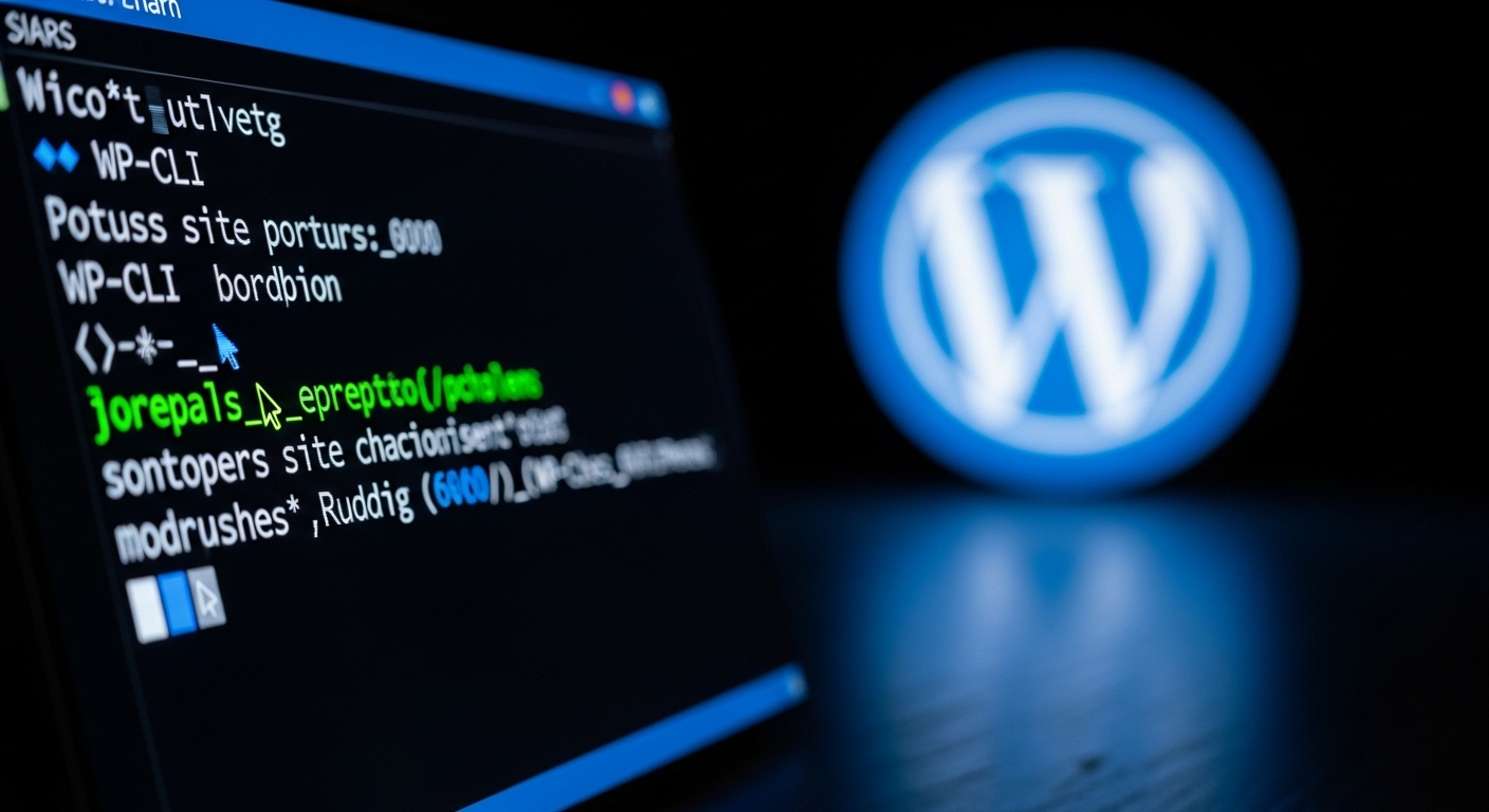 A sleek terminal window displaying WP-CLI commands, a glowing cursor, with the WordPress logo in the background, symbolizing efficient site management. Focus on tech and power.