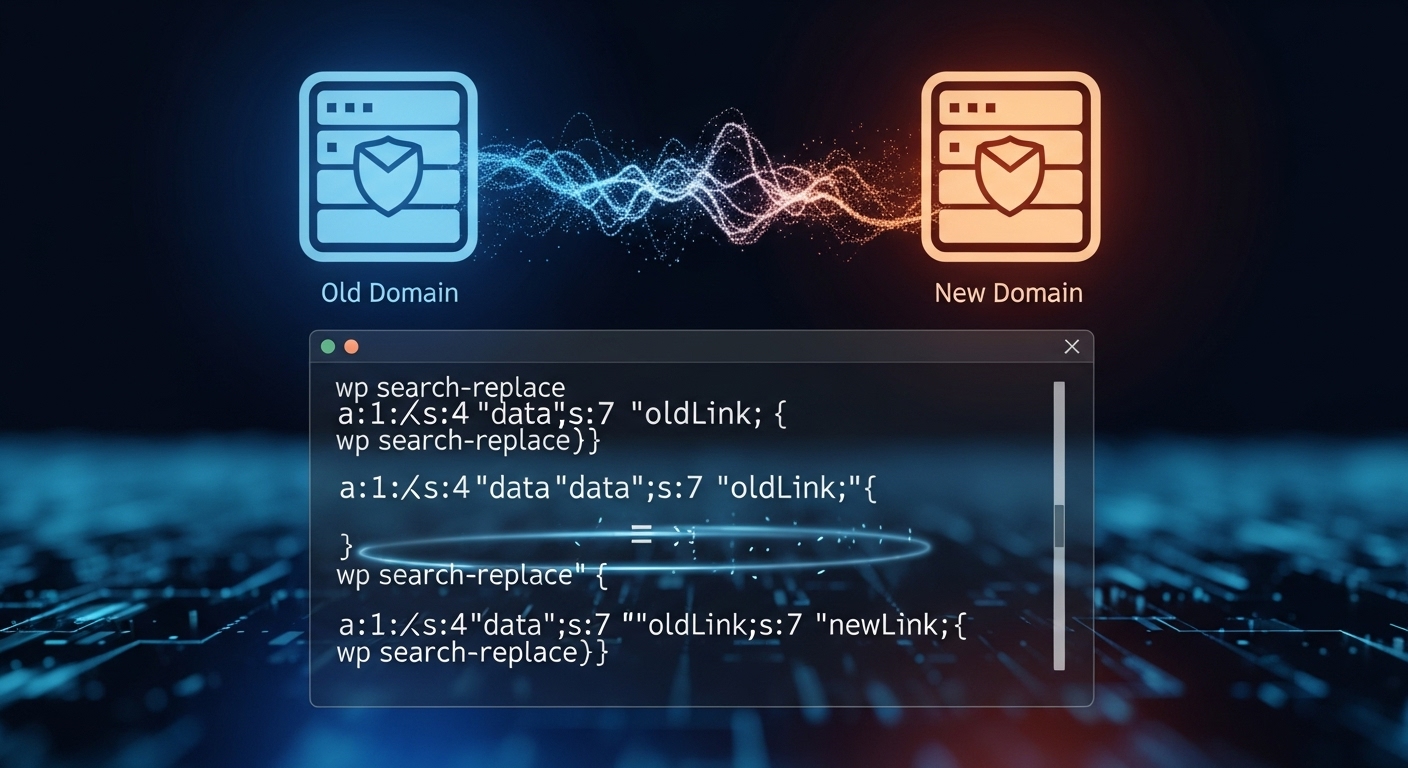 An abstract visualization of data migration, featuring two server icons (old domain and new domain) with data flowing between them. A terminal window in the foreground displays wp search-replace commands, with serialized PHP data strings (like 'a:1:{s:4:"data";s:7:"oldlink";}') visibly and safely transforming to new values ('a:1:{s:4:"data";s:7:"newlink";}') without corruption, perhaps with an emphasis on a secure, unbroken connection or transformation path.