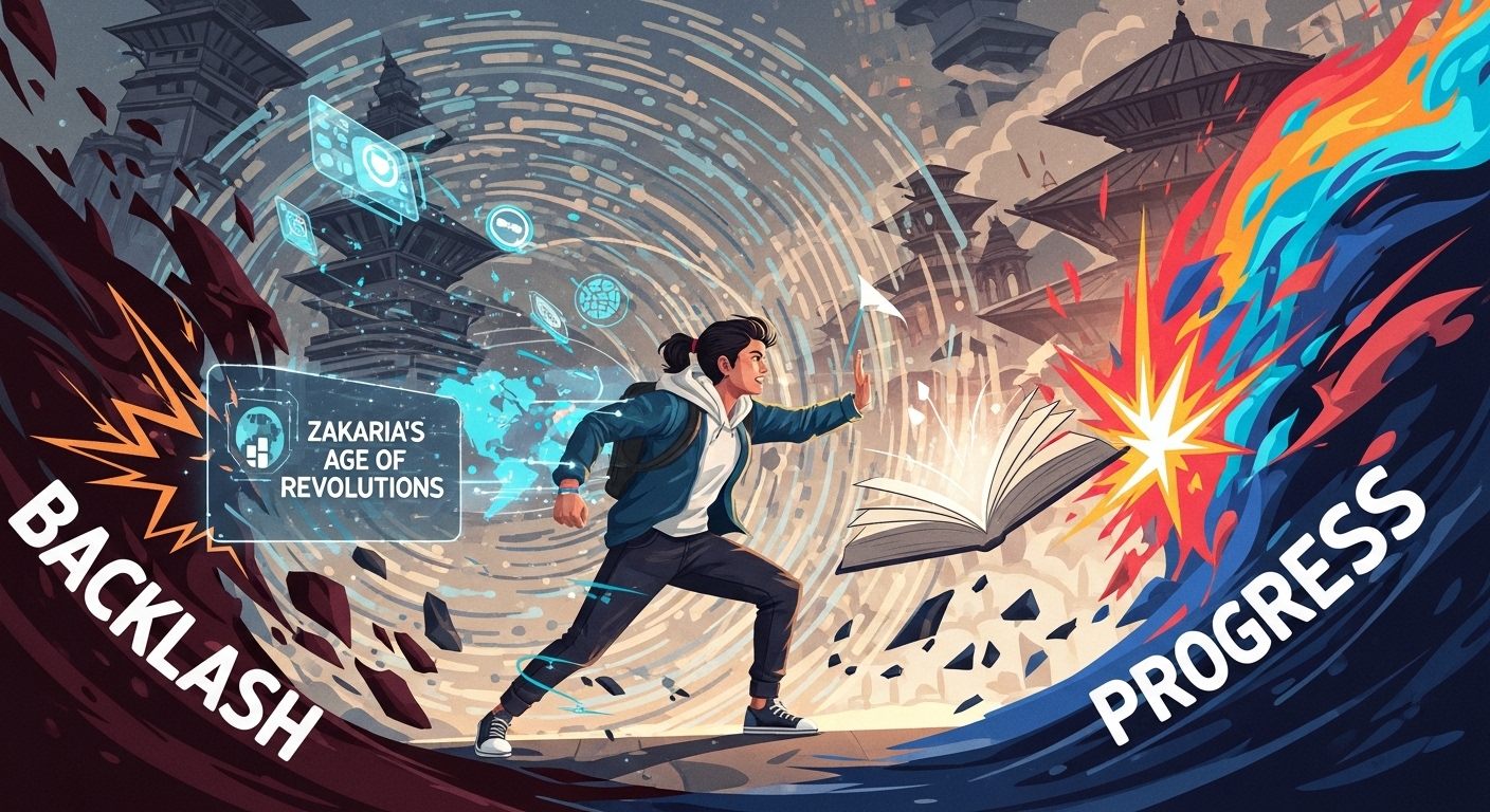 A vibrant, semi-abstract illustration showing a young person (Gen Z) in Nepal, surrounded by digital and global elements, pushing against a backdrop of historical and societal forces. Include subtle imagery of a book representing 'Zakaria's Age of Revolutions' and a stylized depiction of 'progress' clashing with 'backlash', hinting at a transformative uprising. Dynamic lighting, modern art style.