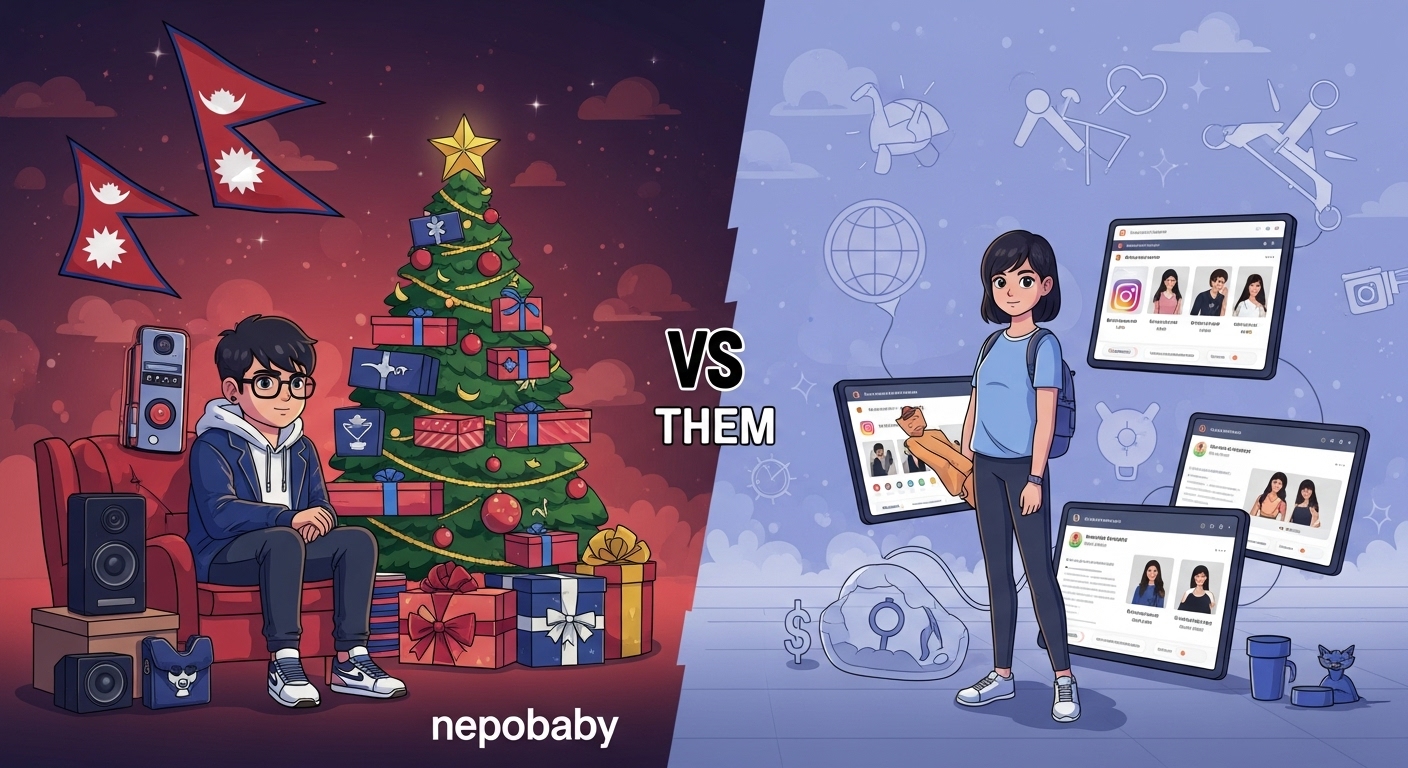 An illustration depicting a stark contrast between two realities in Nepal. On one side, a young, well-dressed individual (a 'nepobaby') is surrounded by luxury brand items, perhaps a stylized Christmas tree made of designer boxes, signifying excessive wealth and privilege. On the other side, subtle elements represent the struggles of Nepalese Gen Z: digital screens displaying social media feeds, symbols of youth unemployment, and the challenges of economic disparity. The image should highlight the 'us vs. them' narrative, with a modern, impactful art style.