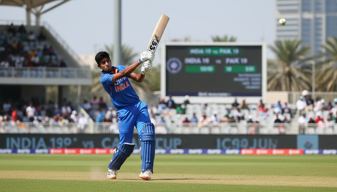 ACC U19 Asia Cup 2025: Strategic Insights & Performance 2 A dynamic, wide-angle shot of a young Indian male cricketer, about 14 years old, wearing the India U19 cricket uniform, powerfully hitting a cricket shot (e.g., a pull shot or lofted drive) that sends the ball for a six. He is mid-action with a determined expression, and the scene is set during a bright daylight match at the ICC Academy Ground in Dubai. The background shows a modern cricket stadium with blurred spectators, conveying the energy and excitement of an important match in the ACC U19 Asia Cup.