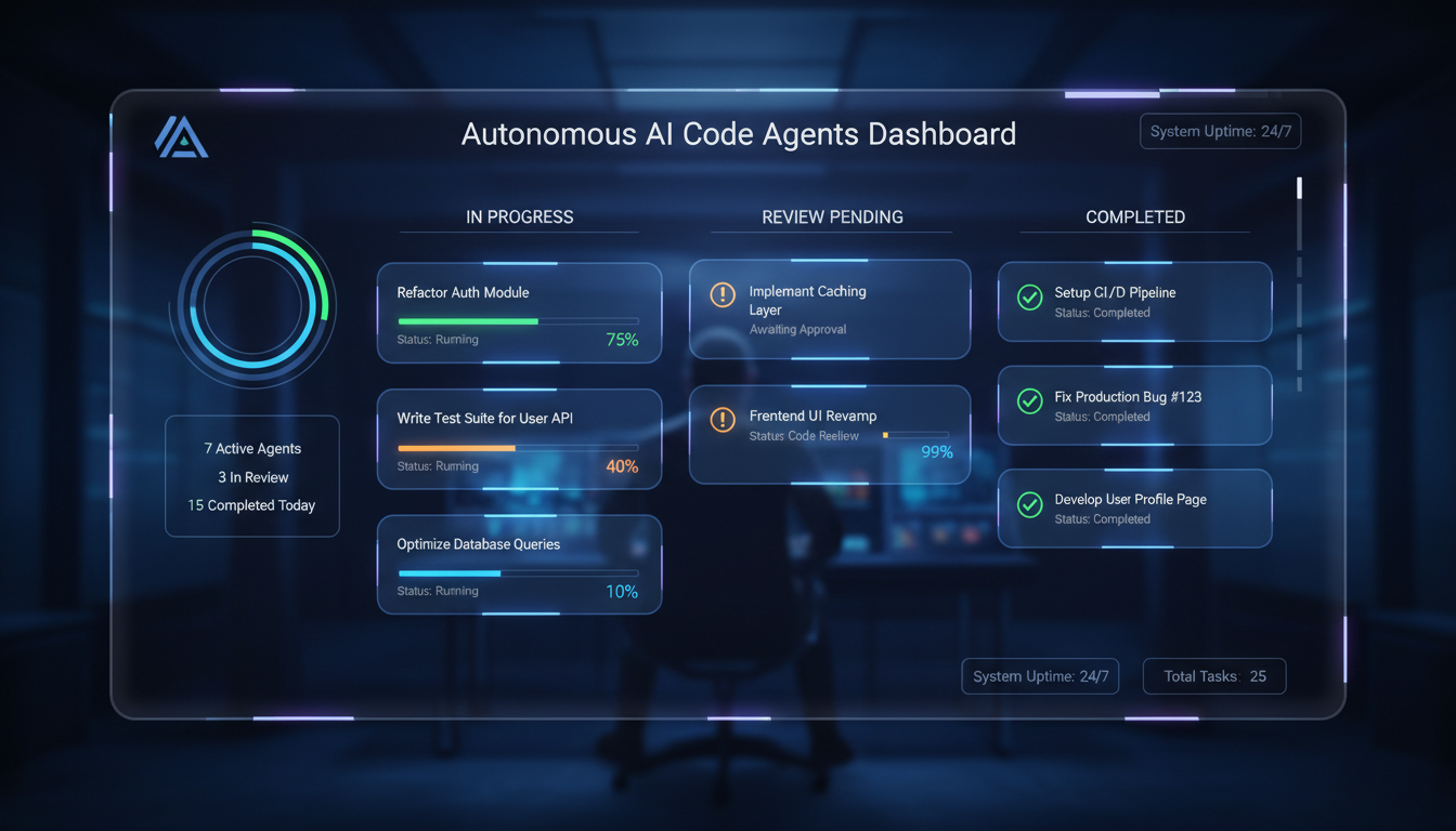 A modern, sleek 'Agent Manager' dashboard interface, possibly Kanban-style, displaying multiple autonomous AI code agents working on different tasks simultaneously. Each agent card shows progress, task description (e.g., 'Refactor Auth Module', 'Write Test Suite'), and status (e.g., 'Running', 'Review Pending', 'Completed'). The interface should have a clean, futuristic design with subtle data visualizations and glowing elements, conveying a sense of organized, parallel AI activity. A human 'mission control' presence is implied, overseeing the agents.