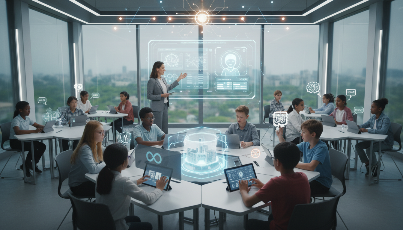 A dynamic classroom scene showing a human teacher and diverse students engaging with integrated AI technology. Visual elements should subtly represent 'Use' (collaboration), 'Avoid' (privacy concerns), and 'Question' (critical thinking). The overall image should be modern and forward-looking.