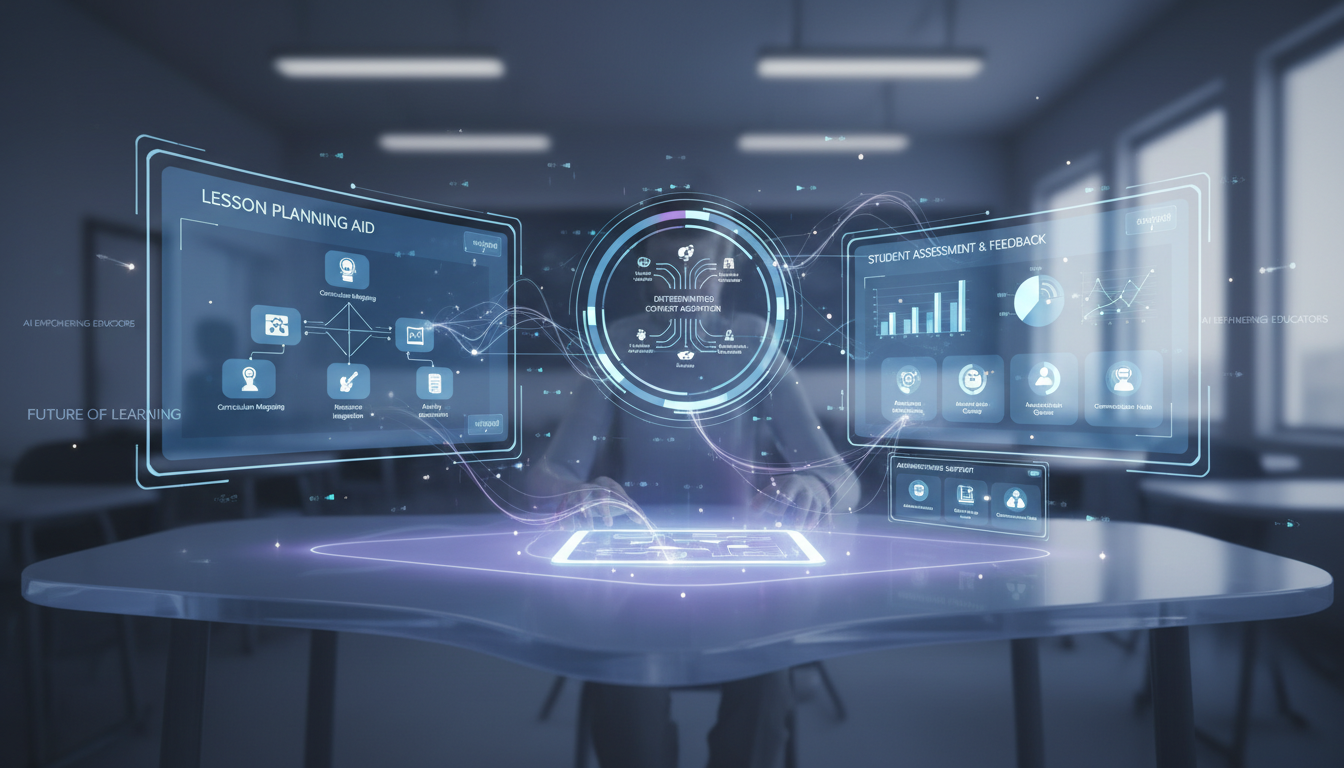 A conceptual image illustrating various AI educational tools as interconnected applications or digital assistants. The image should feature abstract representations of a teacher's desk with multiple glowing screens or holographic interfaces showing different functions like lesson planning, student assessment, content differentiation, and administrative support. The overall aesthetic should be modern, clean, and forward-looking, emphasizing efficiency and personalized learning. The focus is on AI supporting the educator, not replacing them.