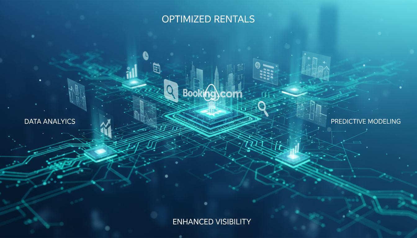 A stylized digital representation of search algorithms, featuring subtle Airbnb and Booking.com logos integrated into a neural network or data flow, symbolizing optimized short-term rental listings. Focus on data analytics, predictive modeling, and enhanced visibility. Modern, clean aesthetic with digital blue and green hues.