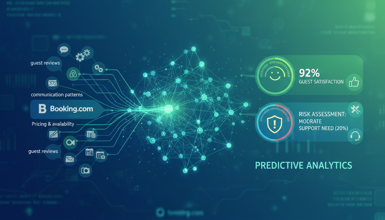 An abstract data visualization depicting a neural network or AI model processing multiple data points (like guest reviews, communication patterns, property photos, pricing, and availability) to predict guest satisfaction and potential support needs for short-term rental listings. Incorporate subtle Airbnb and Booking.com branding. Emphasize predictive analytics and risk assessment. Digital art, clean, modern, blue and green color palette.