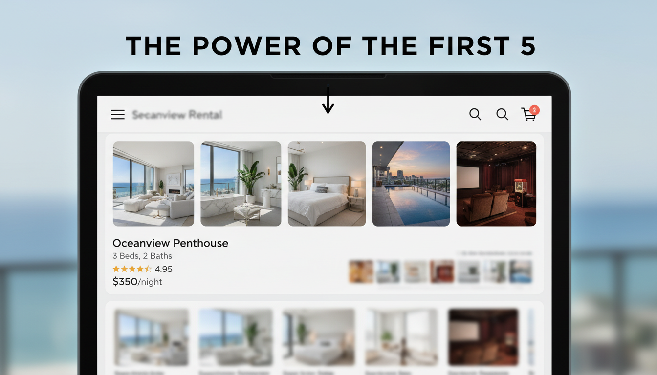 A stylized visual representation of a mobile phone or computer screen displaying a short-term rental search results page, with five distinct, high-quality photos prominently featured for one listing. Emphasize bright, appealing images of different rooms/features (e.g., a stunning living room, a clean bedroom, a luxurious bathroom, a unique amenity). Illustrate the concept of "The Power of the First 5" photos. Clean, modern design, high resolution.