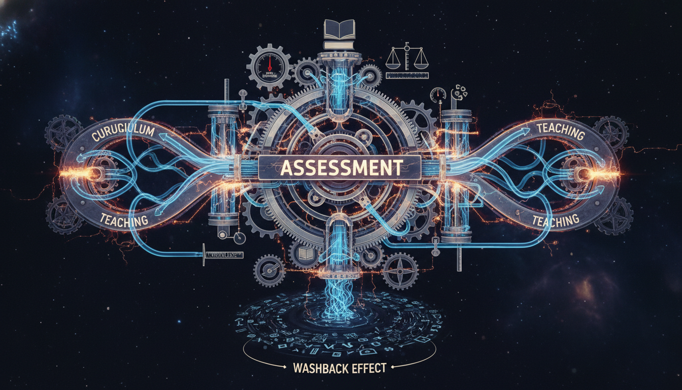 Assessment's Impact: Curriculum, Teaching & Washback Effect 1 Abstract visualization of assessment's influence on education. A complex web or gears where 'assessment' acts as a central control, subtly distorting or directing 'curriculum' and 'teaching' pathways. Include elements representing pressure, measurement, and the flow of knowledge, with an underlying sense of 'washback effect'.
