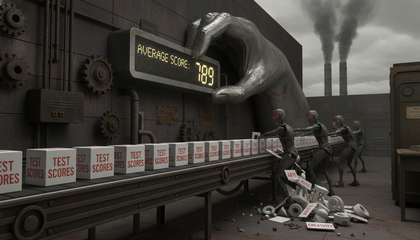 Assessment's Impact: Curriculum, Teaching & Washback Effect 2 Abstract depiction of Campbell's Law in education. Show a school system as a factory, where instead of producing well-rounded students, the conveyor belt churns out identical 'test scores'. Elements should illustrate 'curricular narrowing' (e.g., arts and music being pushed off the belt), 'teaching to the test' (e.g., teachers guiding students to perfectly fit square pegs into square holes, ignoring other shapes), and 'data manipulation' (e.g., a hand subtly adjusting a dial on a score counter). The overall mood should be slightly dystopian or mechanistic, highlighting the corruption of the process.