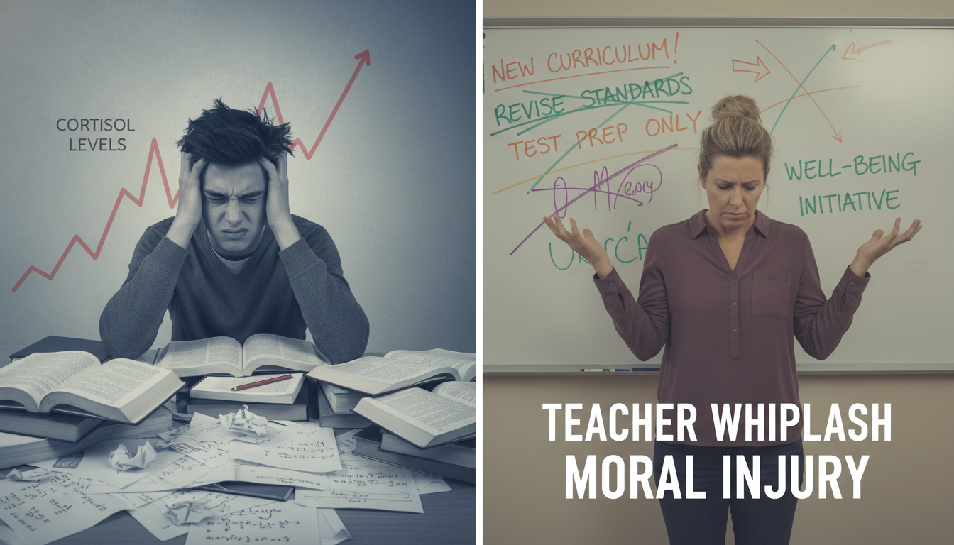 Assessment's Impact: Curriculum, Teaching & Washback Effect 3 A dual-panel or split image illustrating the psychological toll of high-stakes testing on students and teachers. On one side, show a student with visible signs of stress (e.g., furrowed brow, clutching head, surrounded by complex formulas or test papers), with a rising graph of cortisol levels in the background. On the other side, depict a teacher looking overwhelmed or frustrated, perhaps standing in front of a whiteboard with rapidly changing, contradictory curriculum mandates, symbolizing 'teacher whiplash' and 'moral injury'. Use muted, slightly anxious colors to convey the pressure.