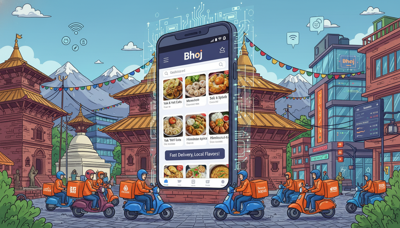 A vibrant illustration depicting a bustling digital marketplace in Kathmandu, Nepal. A large smartphone prominently displays the Bhoj food delivery app, with various food items and restaurant logos. In the background, a mix of traditional Nepali architecture and modern tech elements, symbolizing the blend of local culture and global e-commerce trends. Delivery riders on scooters are visible, dynamic and colorful.