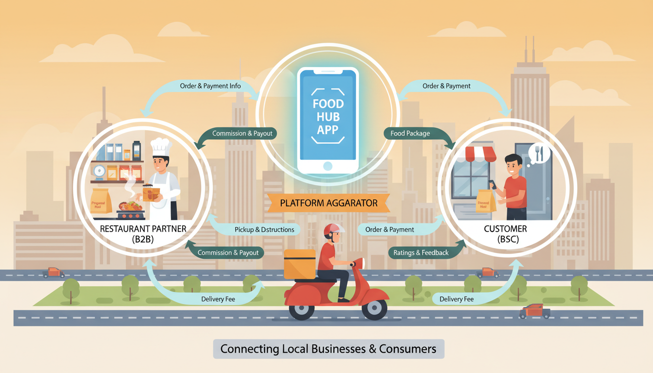 An infographic illustration of a hyperlocal food delivery business model. Show a central mobile app acting as a hub, connecting a restaurant (with food preparation), a delivery rider (on a scooter), and a customer (receiving a food package). Use subtle arrows to indicate the flow of orders, food, and revenue streams, highlighting the platform's role as an aggregator within a bustling, modern city backdrop, depicting the B2B and B2C interactions.