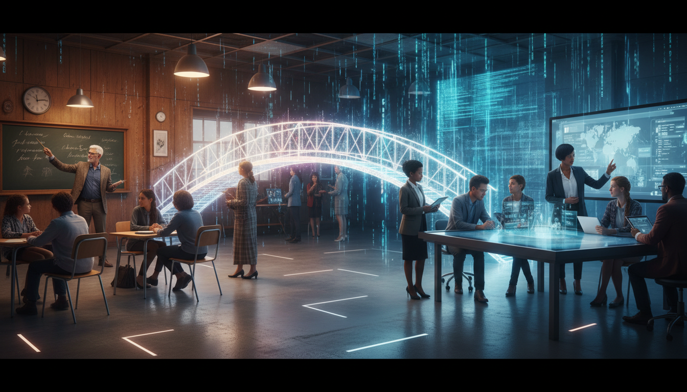 Bridging Ed Tech Gaps: Teacher Prep for Digital Classrooms 1 A diverse group of teachers in a modern, technology-rich classroom, some interacting with students using tablets or interactive whiteboards, while others are engaged in collaborative professional development, with a visual metaphor of a bridge connecting traditional teaching methods to innovative digital pedagogy. The environment should feel dynamic and forward-looking, possibly with lines of code or data streams subtly integrated into the background.