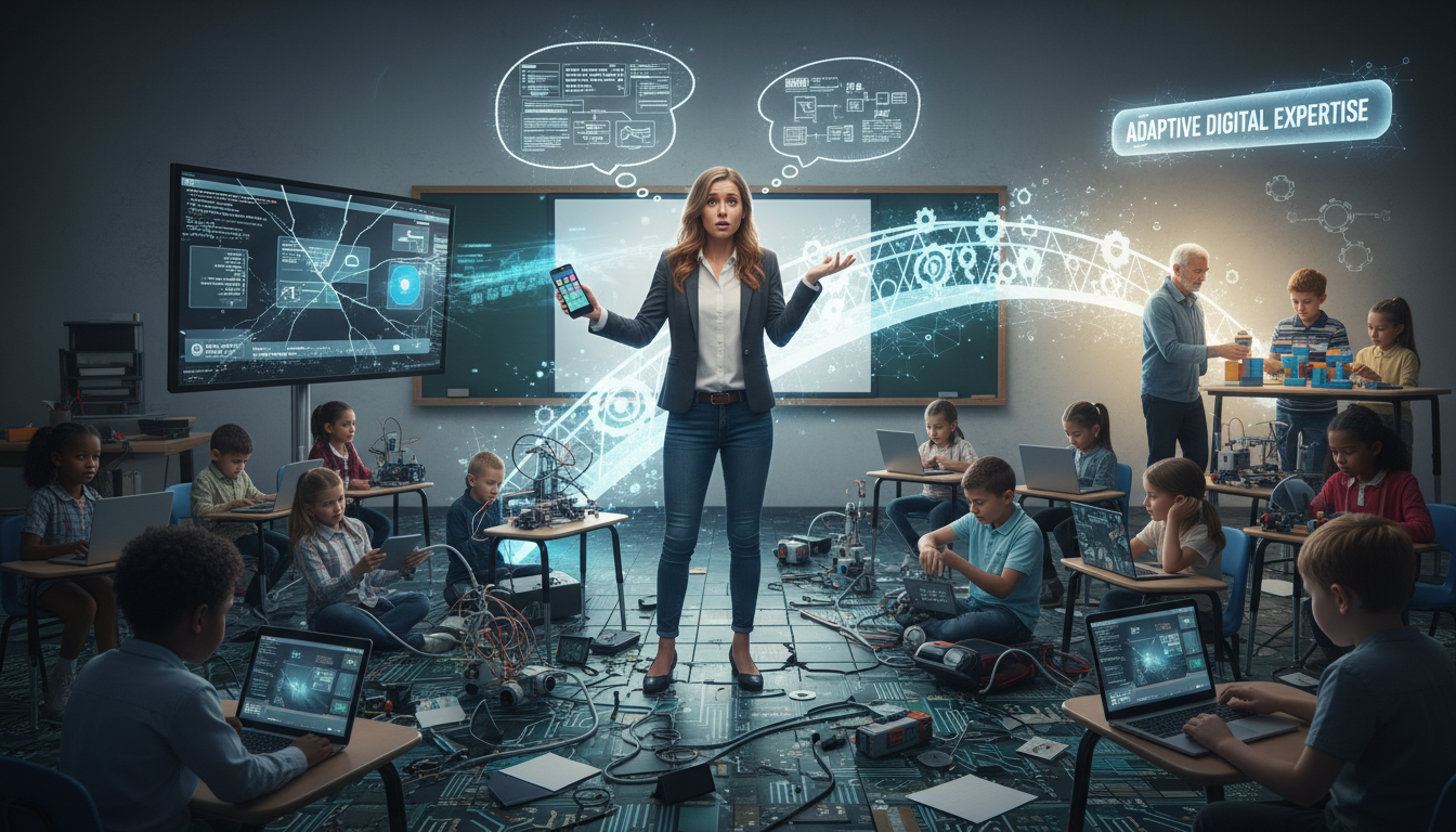 Bridging Ed Tech Gaps: Teacher Prep for Digital Classrooms 2 A visual metaphor depicting the 'Digital Praxis Gap,' where a young teacher with personal digital fluency is attempting to navigate a chaotic and complex modern classroom with multiple devices and digital challenges, symbolizing the disconnect between personal tech use and professional digital pedagogy. The image should convey both the struggle and the potential for a bridge to 'adaptive digital expertise'.