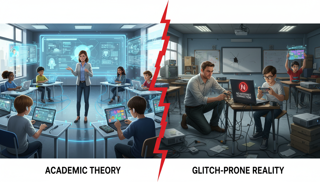 Bridging Ed Tech Gaps: Teacher Prep for Digital Classrooms 3 A split image or visual contrast: one side shows an idealized, perfectly functioning digital classroom with students engaged in seamless technology use, representing academic theory; the other side shows a teacher dealing with real-world tech friction—a student's device not connecting, another distracted on a game, and the teacher trying to troubleshoot, representing the 'glitch-prone reality' of the modern classroom.