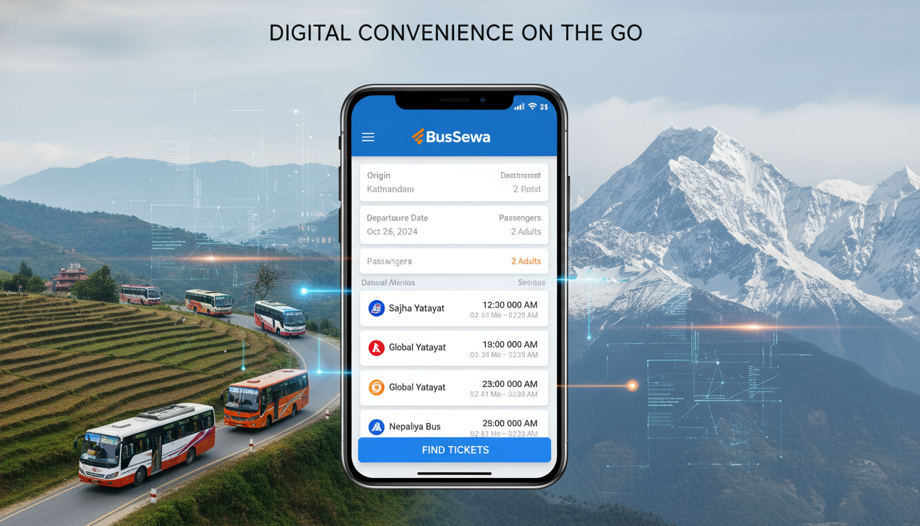 A modern, sleek mobile app interface for BusSewa showing online bus ticket booking, set against a stylized background of Nepal's diverse landscape with traditional public buses subtly blended with digital connectivity overlays. Emphasize digital transformation and convenience.